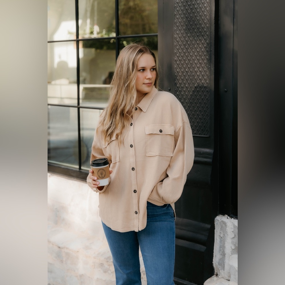 White Birch Waffle Knit Cozycore Tan Camel Shacket Shirt Jacket Size 3X NWT